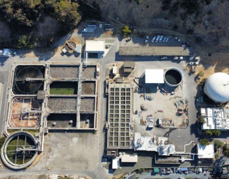 Richmond wastewater treatment facility is seen from overhead in an aerial view